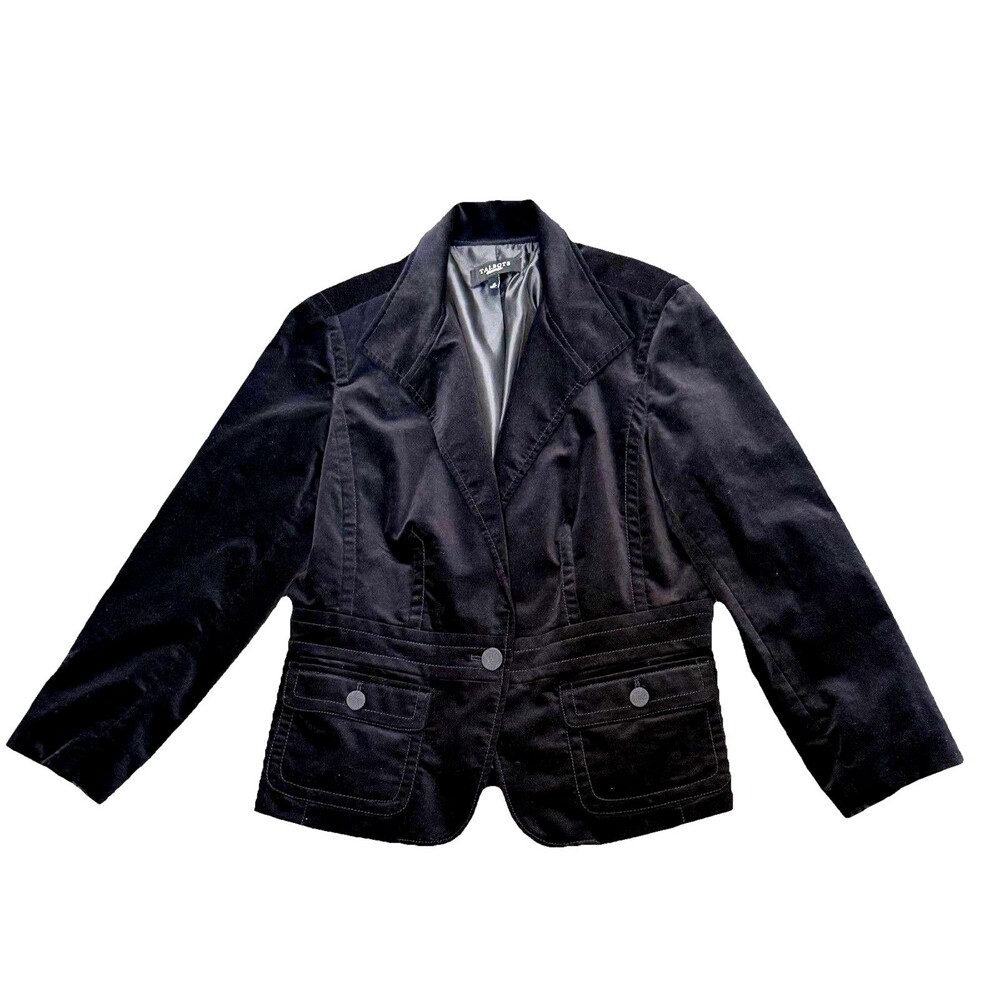 Talbots Black Velvet Blazer Jacket Size 12 Stretch Cotton Career